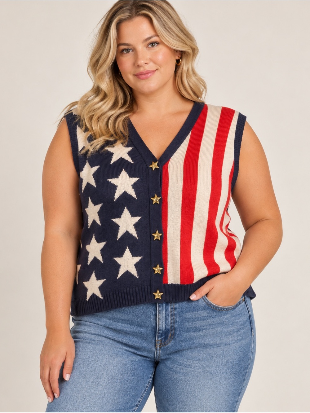 Vintage Sleeveless American Flag Knit Vest in Navy, Red & White